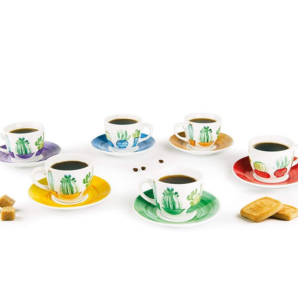 Cactus Set 6 Coffee Cups with Saucer, Porcelain, Multicolored Excelsa